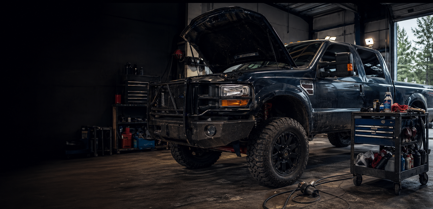 Diesel truck being serviced in a professional repair shop